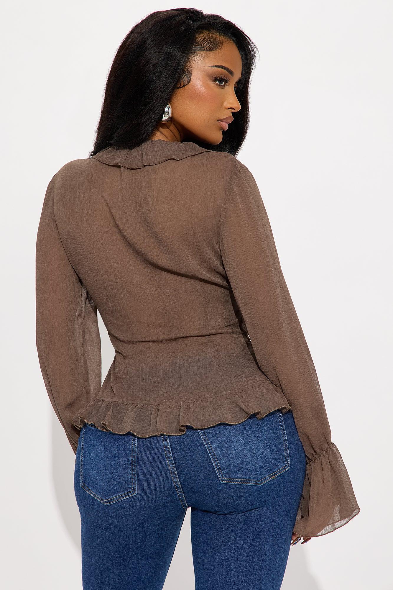 About Me Flyaway Chiffon Ruffle Top - Brown Product Image