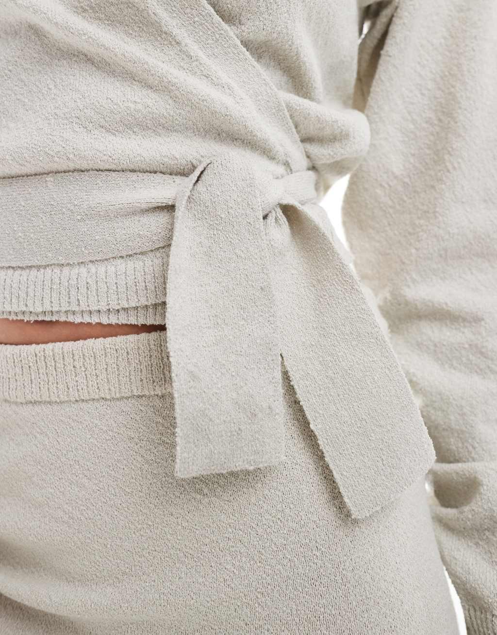 Pretty Lavish boucle knit wrap top in stone - part of a set Product Image