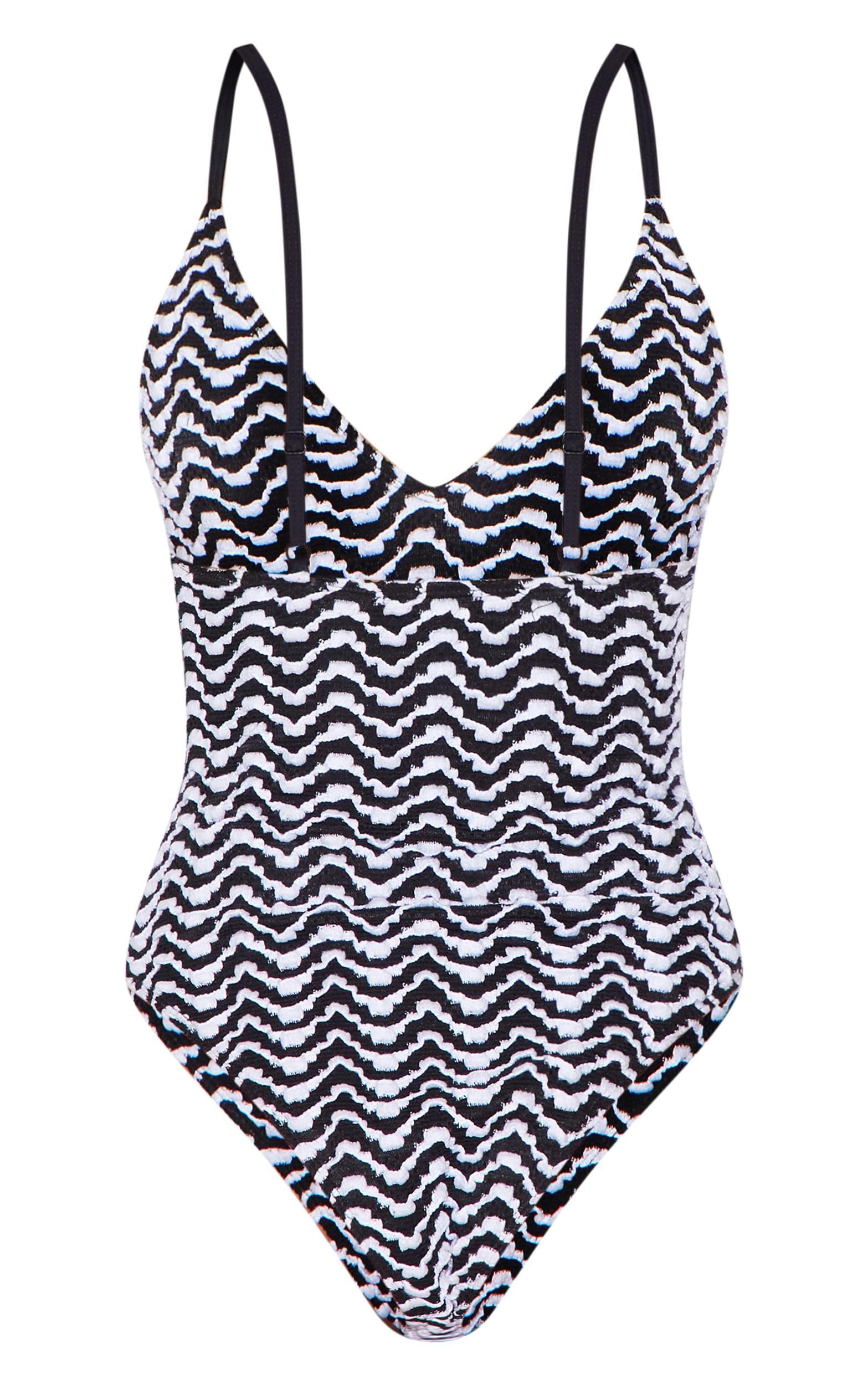 Black and White Monochrome Textured Plunge High Leg Swimsuit Product Image