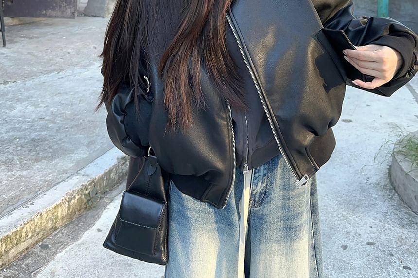 Plain Zip Hoodie / Plain Faux Leather Zip Baseball Jacket Product Image