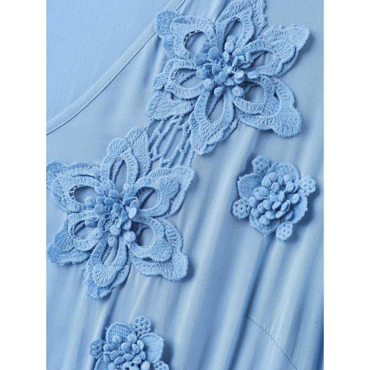 Plus Size Rayon Floral Detail Cinched-Waist Midi Dress Skyblue Women V-neck Short sleeve Curvy BloomChic 22-24/3X Product Image