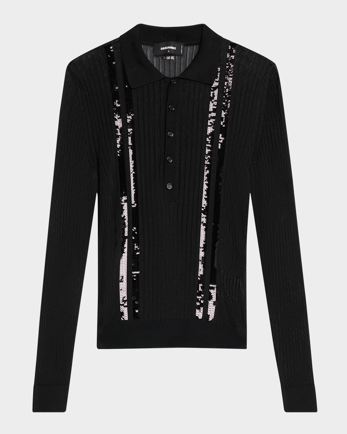 Mens Sequin-Striped Knit Polo Shirt Product Image