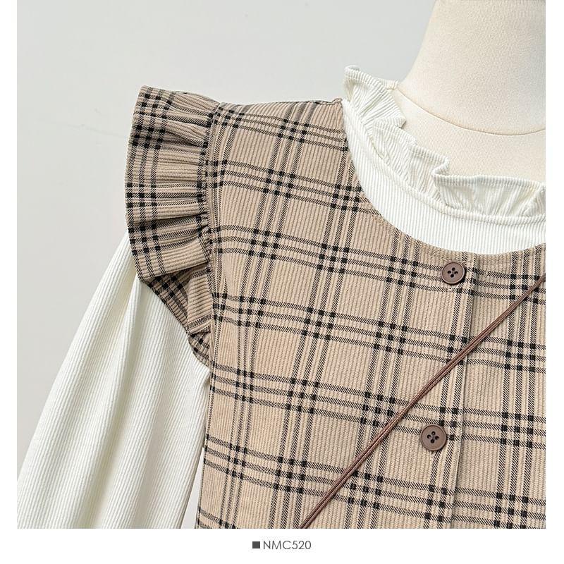 Plaid Ruffle-Trim Midi Shirtdress / Ruffled Loose Blouse Product Image