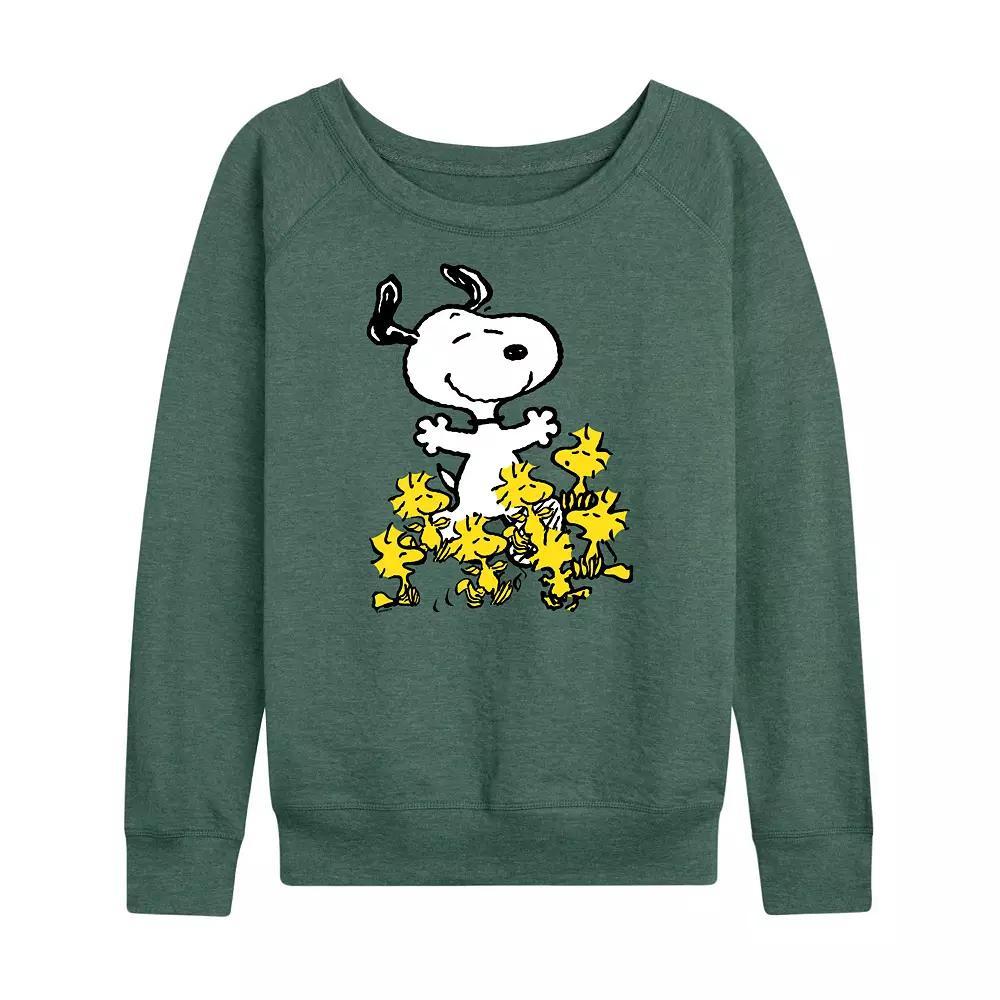 Women's Peanuts Snoopy Woodstock Party French Terry Long Sleeve Tee, Girl's, Size: XL, Grey Green Product Image