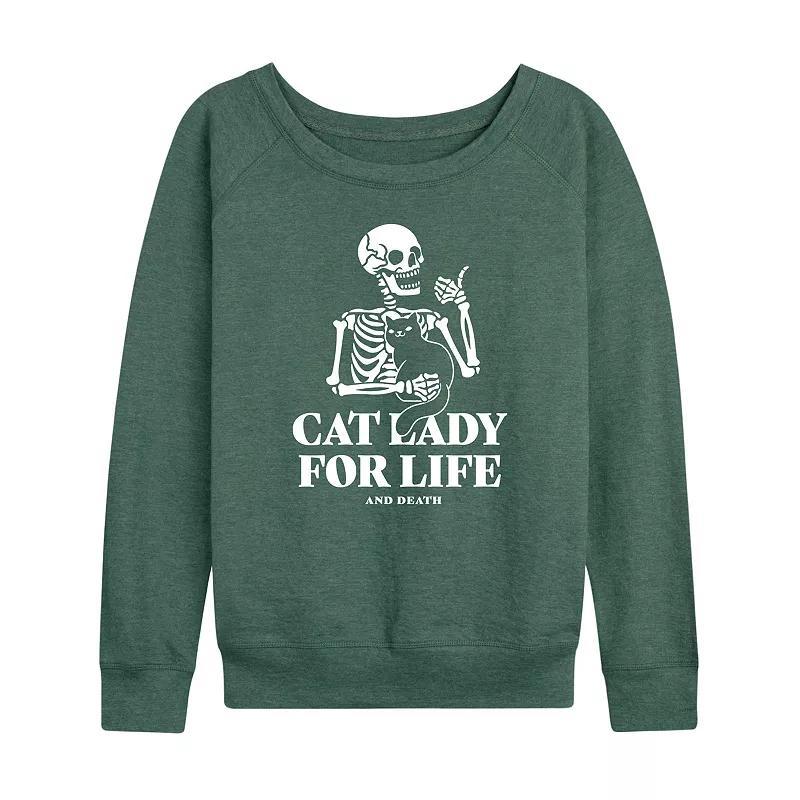 Womens Cat Lady For Life Skeleton French Terry Long Sleeve Tee Grey Blue Product Image