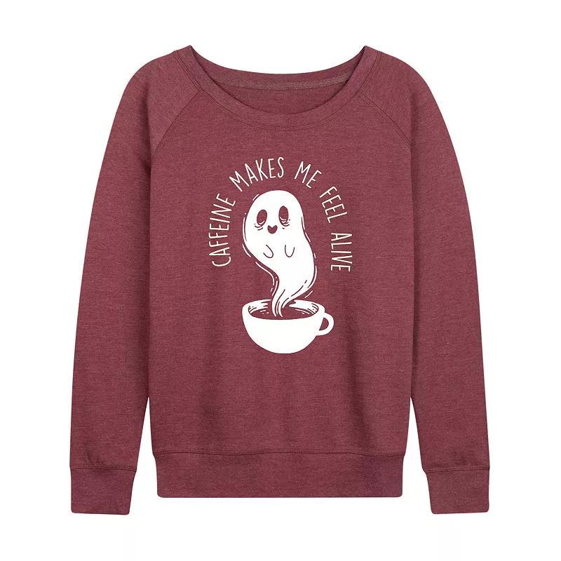 Womens Caffeine Makes Me Feel Alive Ghost French Terry Long Sleeve Tee Grey Dark Red Product Image