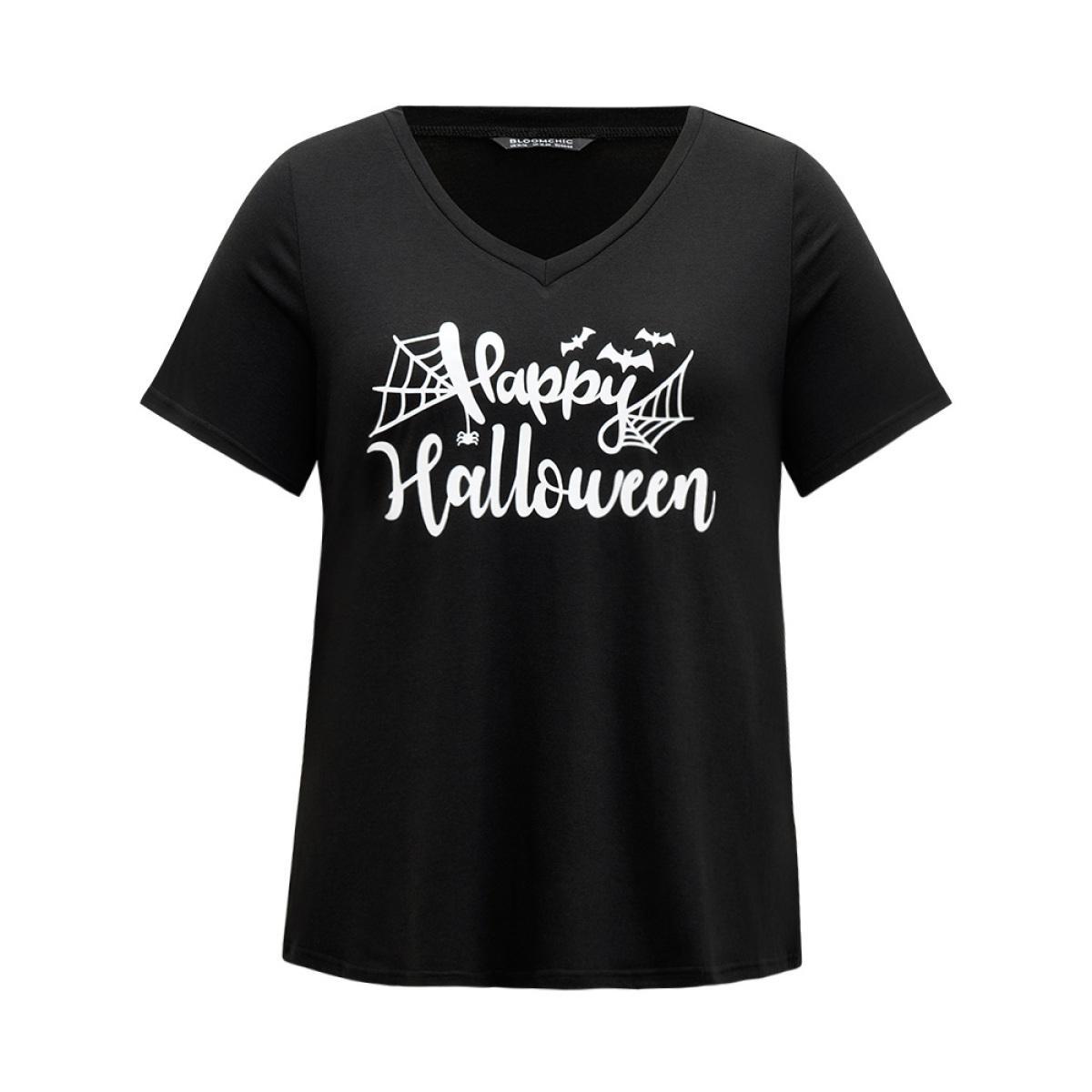 Plus Size Halloween Letter Print V Neck T-shirt Black Women Casual Printed Halloween Festival-Halloween T-shirts BloomChic 14-16/1X Product Image