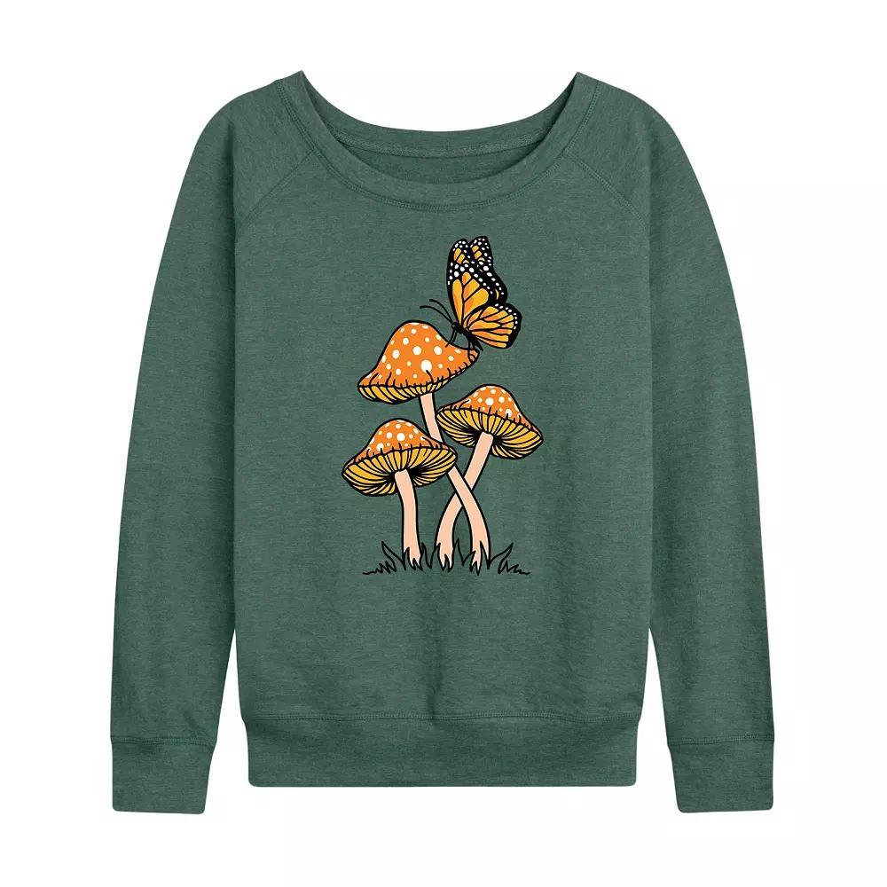 Womens Mushrooms With Butterfly French Terry Long Sleeve Tee, Girls Grey Green Product Image