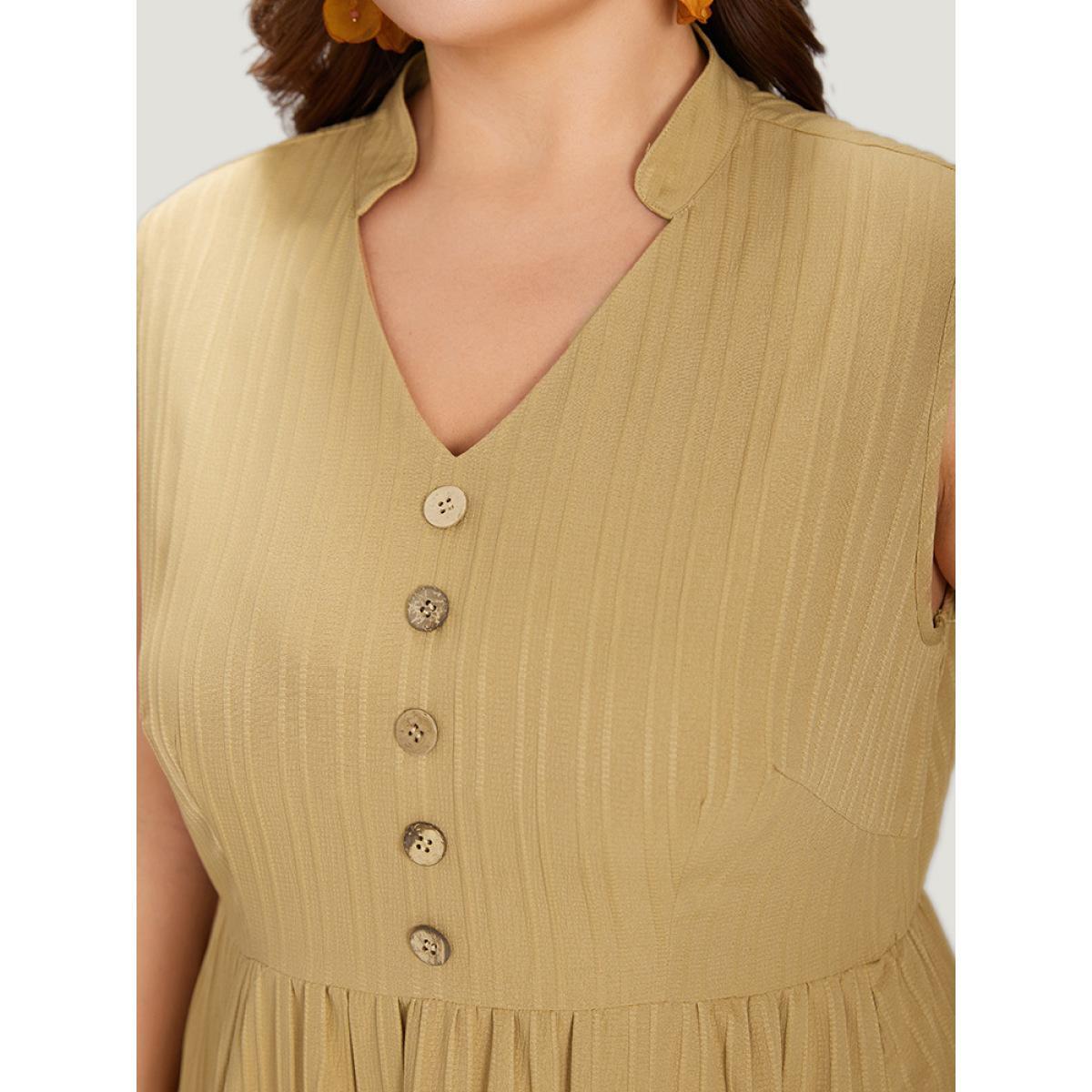 Plus Size Textured Button Detail Ruffle Layered Hem Sleeveless Dress LightBrown Women Elegant Button Stand-up collar Sleeveless Curvy Midi Dress BloomChic 22-24/3X Product Image