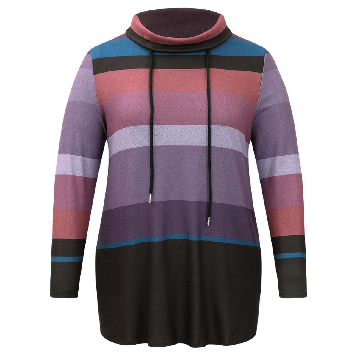 Plus Size Colorblock Contrast Mock Neck Drawstring Sweatshirt Women Multicolor Casual Contrast Mock Neck Dailywear Sweatshirts BloomChic 12/L Product Image