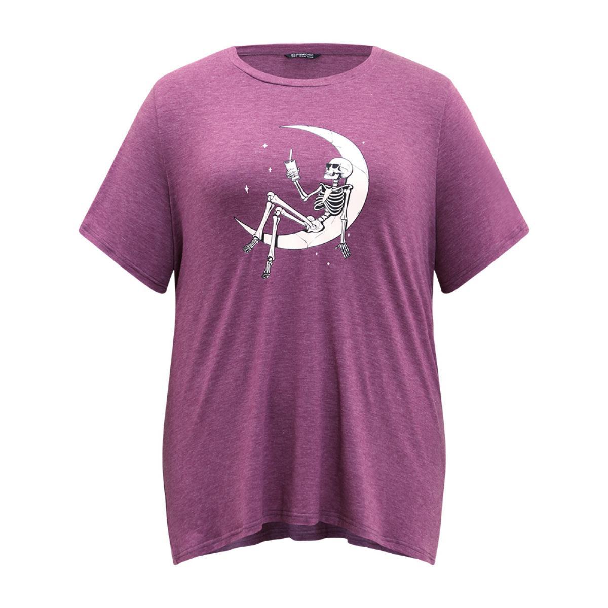 Plus Size Halloween Skull Print Round Neck T-shirt Mauve Women Casual Printed Halloween Festival-Halloween T-shirts BloomChic 28/5X Product Image