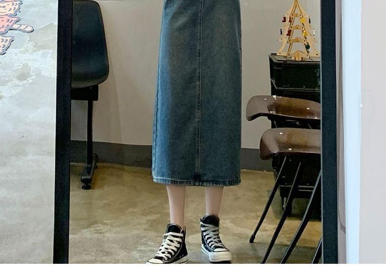 High Waist Denim Midi Straight Skirt Product Image
