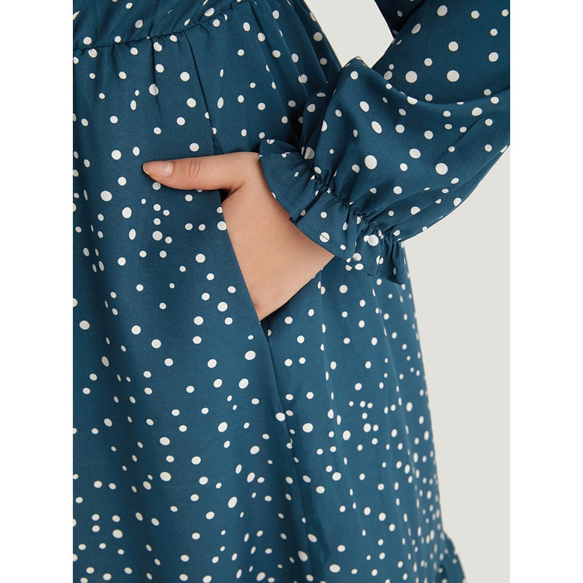 Plus Size Polka Dot Overlap Collar Flutter Trim Dress Aegean Women Elegant Elastic cuffs V-neck Long Sleeve Curvy Midi Dress BloomChic 18-20/2X Product Image