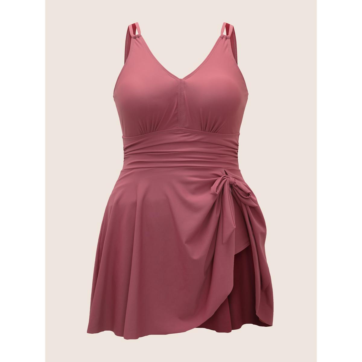 Plus Size Plain Gathered Knot Adjustable Straps Swim Dress Women's Swimwear Lilac Beach Bodycon V-neck High stretch Curve Swim Dresses BloomChic 12/L Product Image