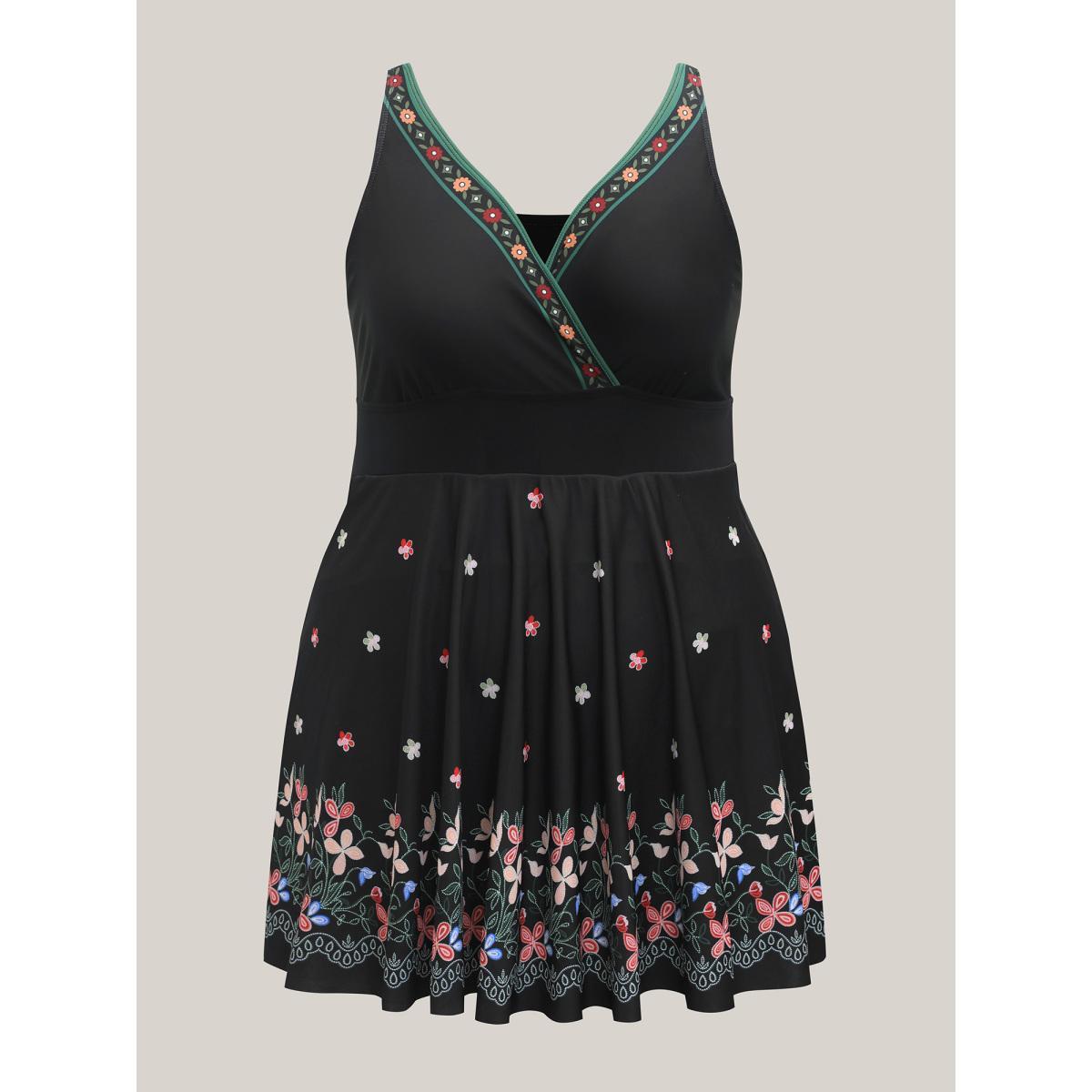 Plus Size Floral Print Surplice Neck Swim Dress Women's Swimwear Black Beach Bodycon Overlap Collar High stretch Curve Swim Dresses BloomChic 12/L Product Image