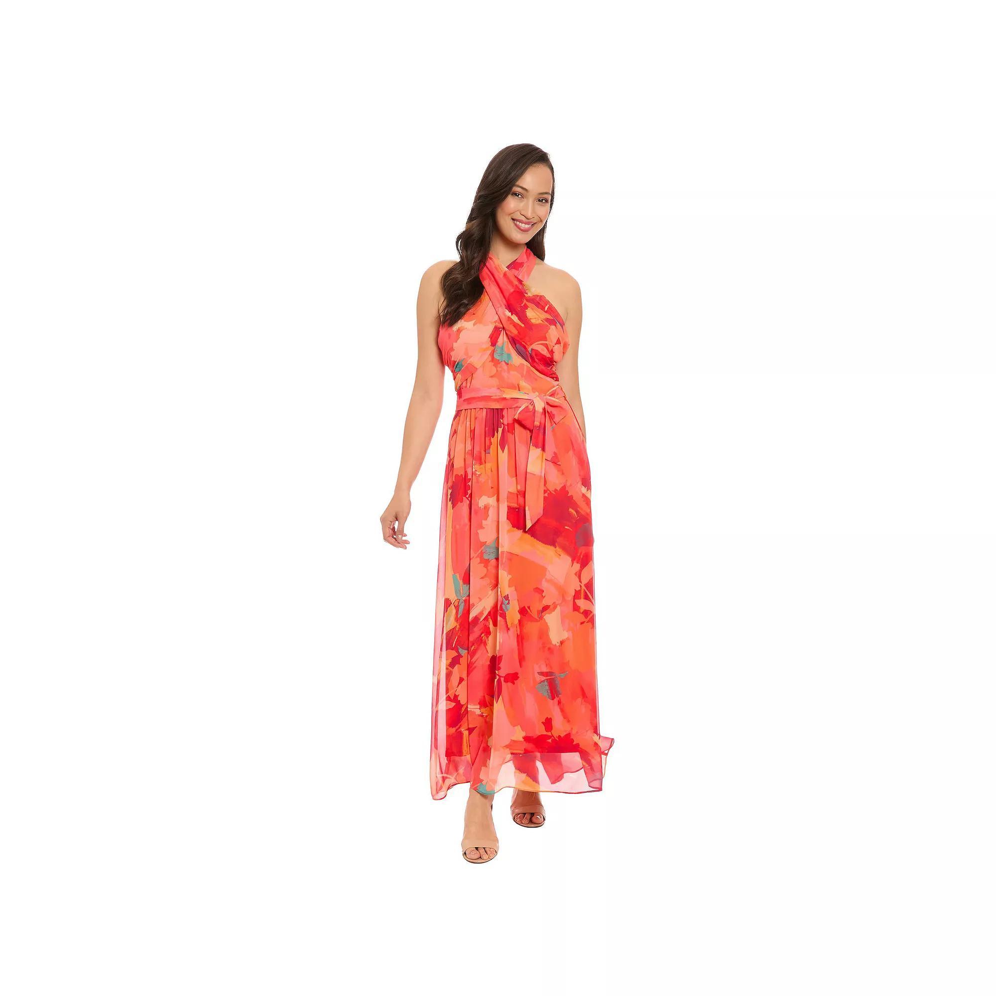 Women's London Times Floral Wrap Halter Maxi Dress, Size: 4, Orange Red Product Image