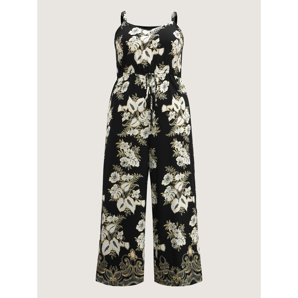 Plus Size Black Boho Floral Cami Pockets Jumpsuit Women Sleeveless Heart neckline Vacation Loose Jumpsuits BloomChic 12/L Product Image