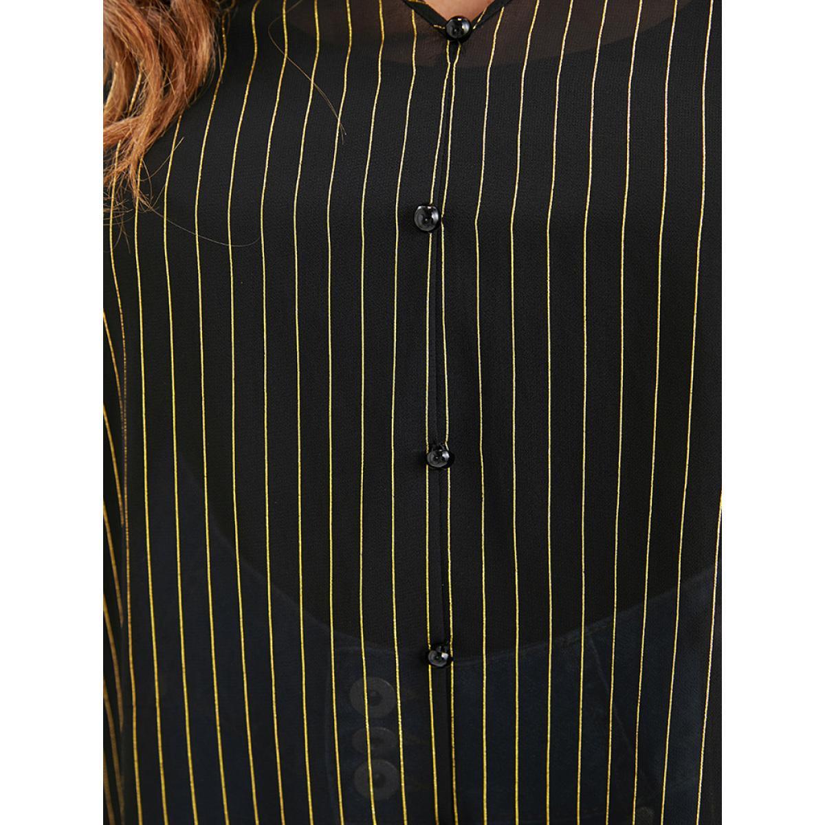 Plus Size Black Striped Mesh Lantern Sleeve V Neck Blouse Women Elegant Elbow-length sleeve V-neck Dailywear Blouses BloomChic 30/6X Product Image
