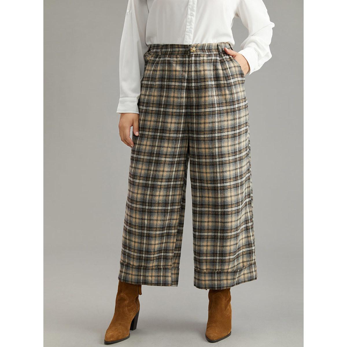 Plus Size Plaid Button Detail Straight Leg Pants Women LightBrown Office Straight Leg High Rise Work Pants BloomChic 26/4X Product Image