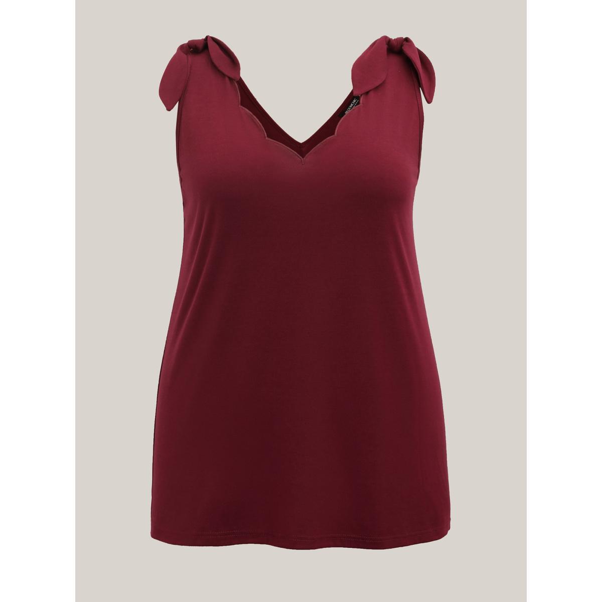 Plus Size Supersoft Stretchy Scalloped Neck Tank Top Women Burgundy Tie knot V-neck Everyday-Elegant Tank Tops Camis BloomChic 26/4X Product Image