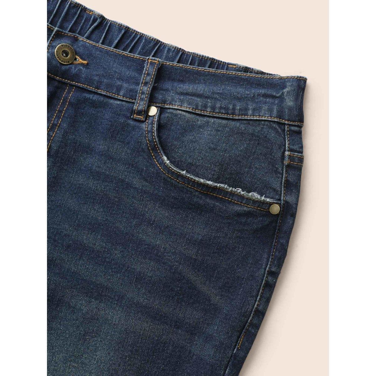 Plus Size Stretch Denim Pocket Distressing Slim-Fit Jeans Women Bluevintage Casual Button Medium stretch Slanted pocket Jeans BloomChic 30/6X Product Image