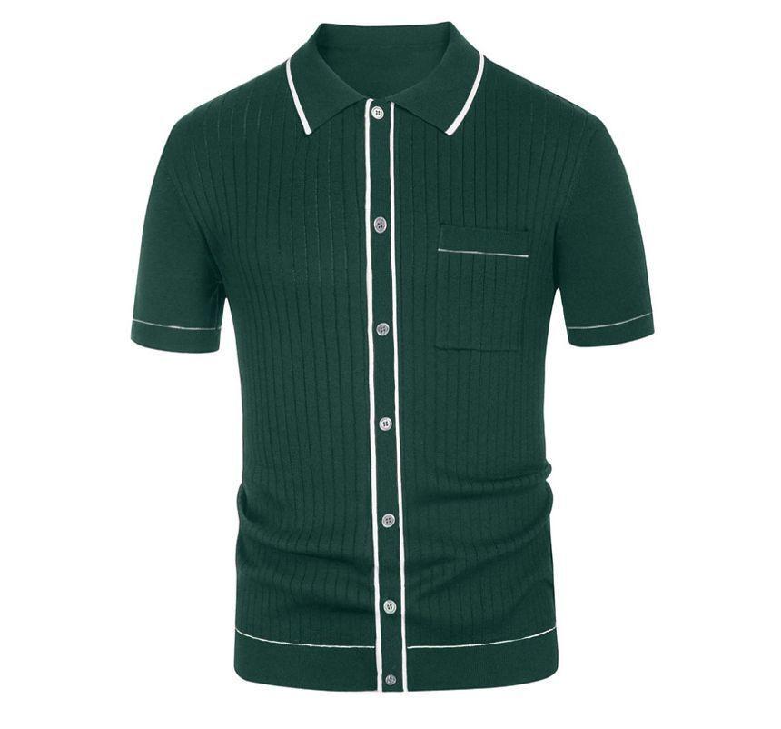 Short-Sleeve Contrast Trim Ribbed Knit Polo Shirt Product Image
