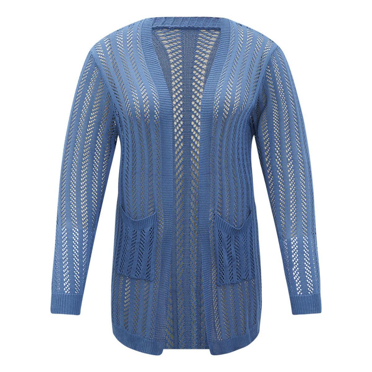 Plus Size Geometric Eyelet Patched Pocket Elastic Cuffs Cardigan Aegean Women Casual Loose Long Sleeve Everyday Cardigans BloomChic 18-20/2X Product Image