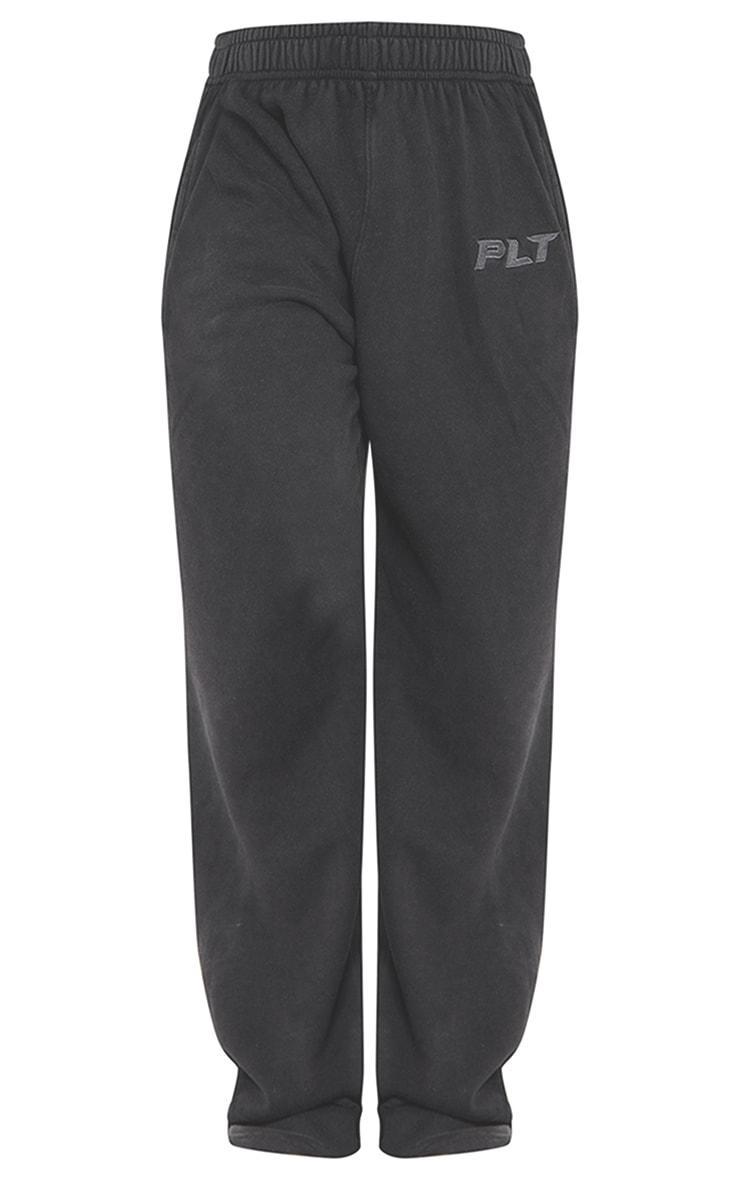 PRETTYLITTLETHING Charcoal Washed Block Embroidered Oversized Wide Leg Sweatpants Product Image