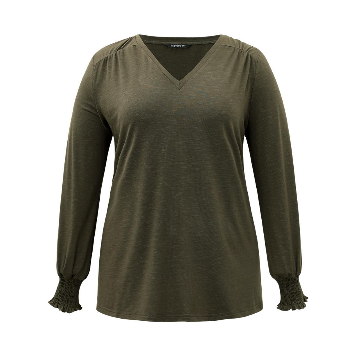 Plus Size Plain V Neck Gathered Shirred Sleeve T-shirt ArmyGreen Women Casual Elastic cuffs Plain V-neck Everyday T-shirts BloomChic 14-16/1X Product Image