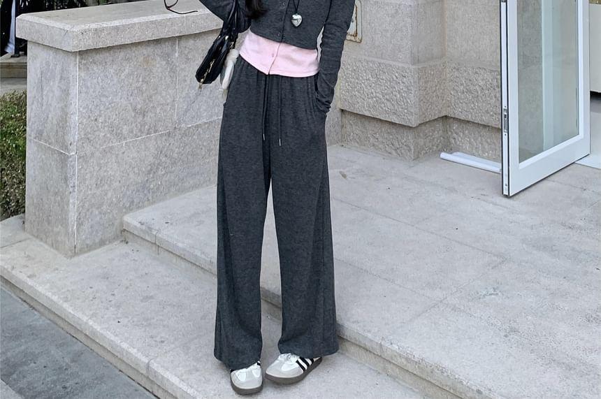 Long-Sleeve V-Neck Mock Two Piece Button Tee / Drawstring Waist Plain Wide Leg Pants Product Image