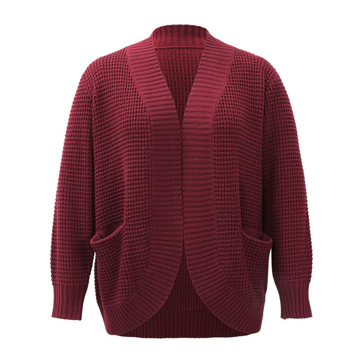 Plus Size Plisse Patched Pocket Curved Hem Open Front Cardigan Burgundy Women Casual Loose Long Sleeve Everyday Cardigans BloomChic 14-16/1X Product Image