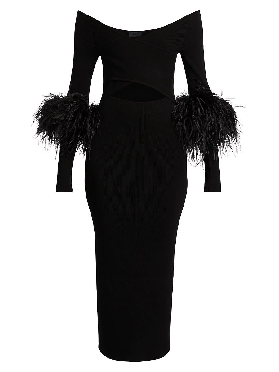 Criss-Cross Cutout Midi Dress w/ Feather Trim Product Image