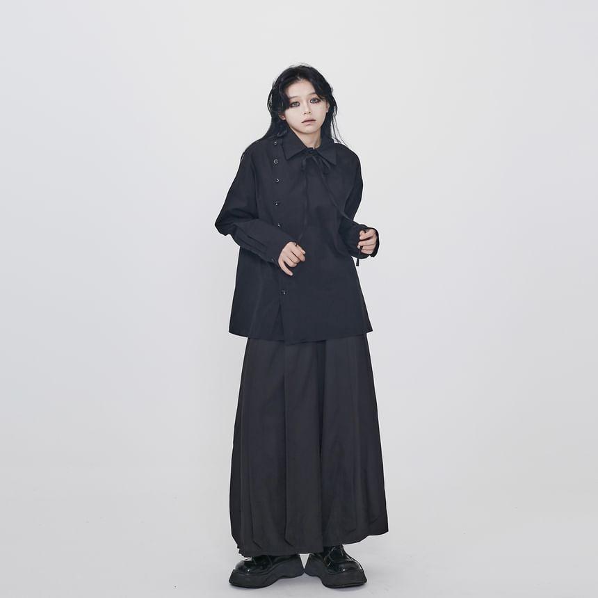 Long-Sleeve Plain Bow Asymmetrical Button Shirt Product Image