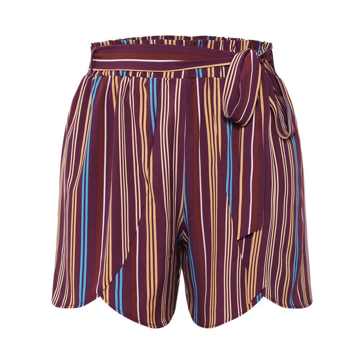Plus Size Colour Striped Print Belted Wrap Hem Shorts Women Multicolor Vacation Cross straps Dailywear Shorts BloomChic 12/L Product Image
