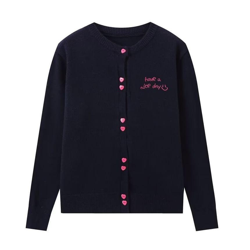 Round Neck Lettering Embroidered Heart Button Cardigan Product Image