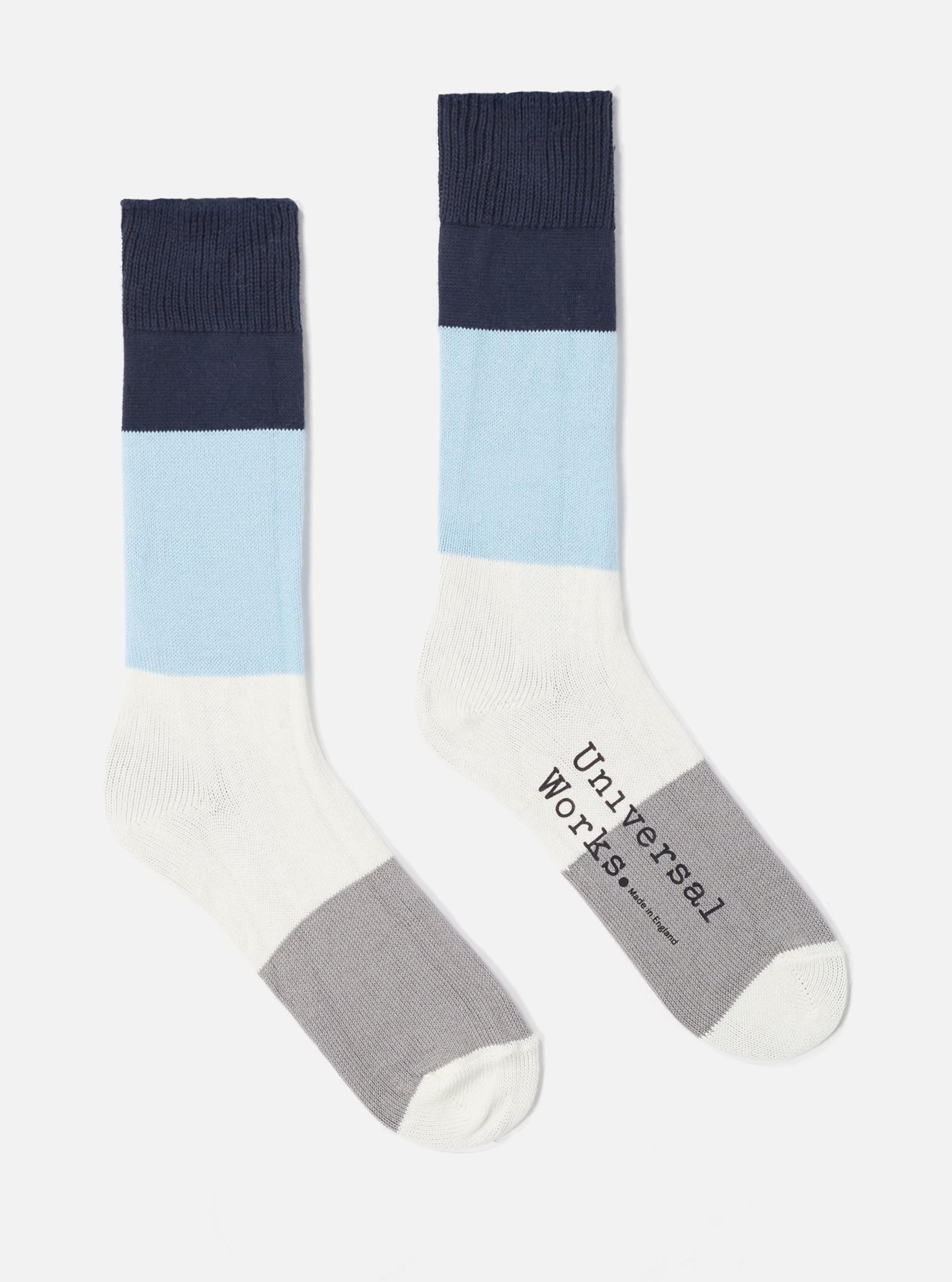 Universal Works Bold Stripe Sock in Navy/Sky Cotton Product Image
