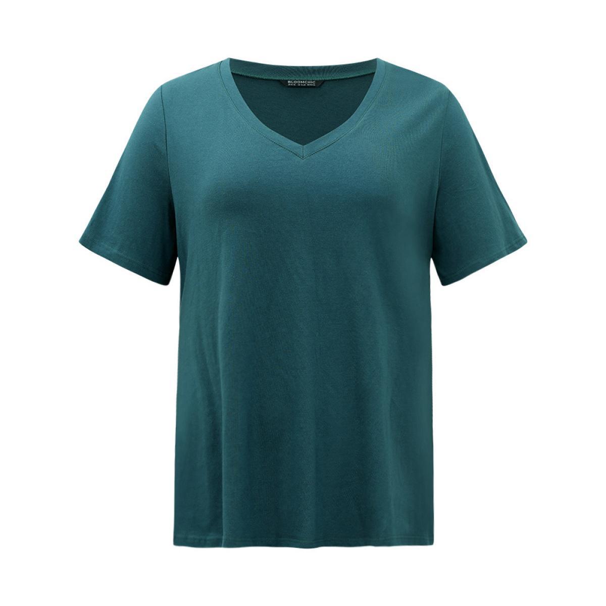 Plus Size Cotton Plain V Neck Basic T-shirt DarkSlateGray Women Casual Plain Plain V-neck Dailywear T-shirts BloomChic 22-24/3X Product Image
