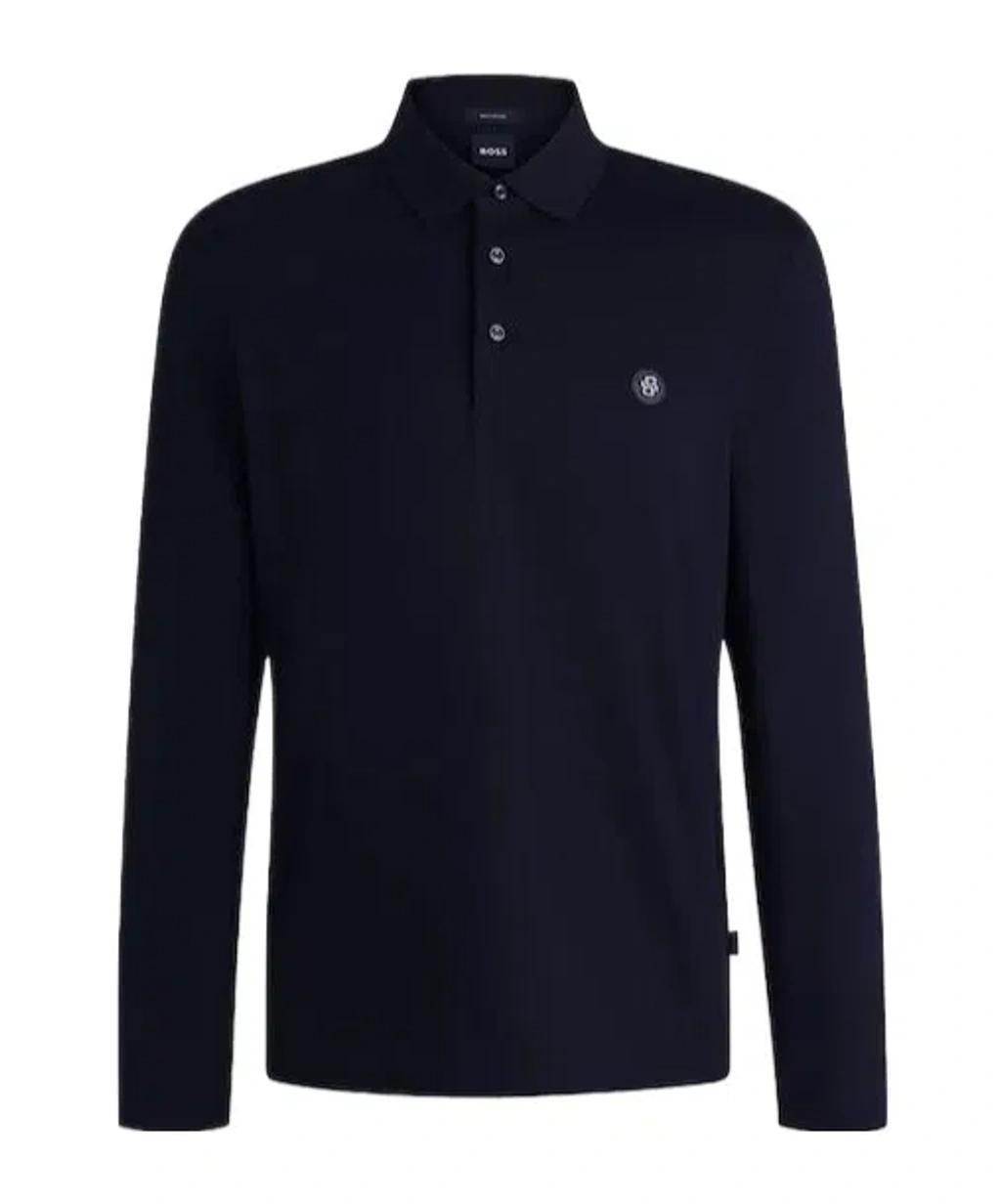 HUGO BOSS C-paley Dark Blue Mercerized-cotton Long Sleeved Polo Shirt 50523917 404 In Black Product Image