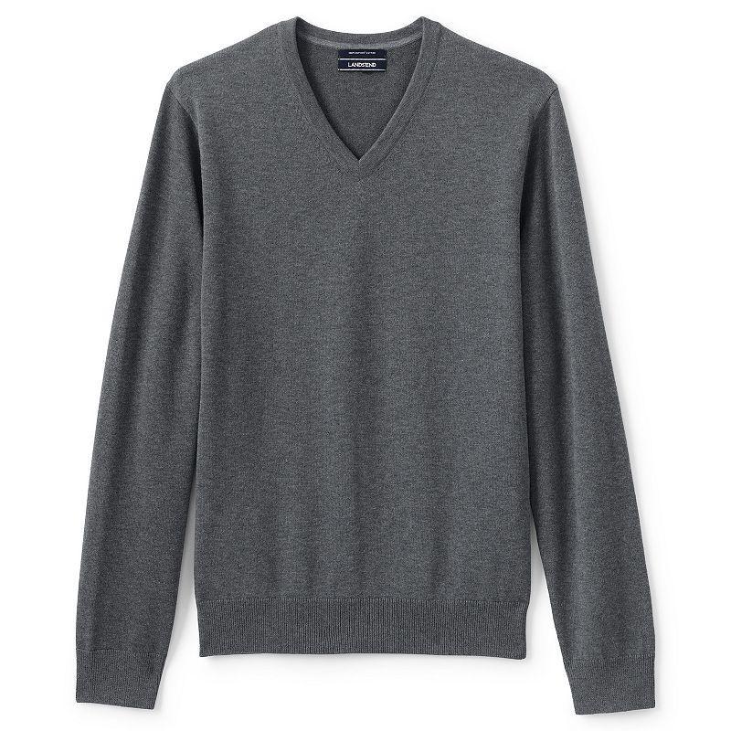 Mens Lands End Classic-Fit Fine-Gauge Supima Cotton V-neck Sweater Grey Heather Product Image