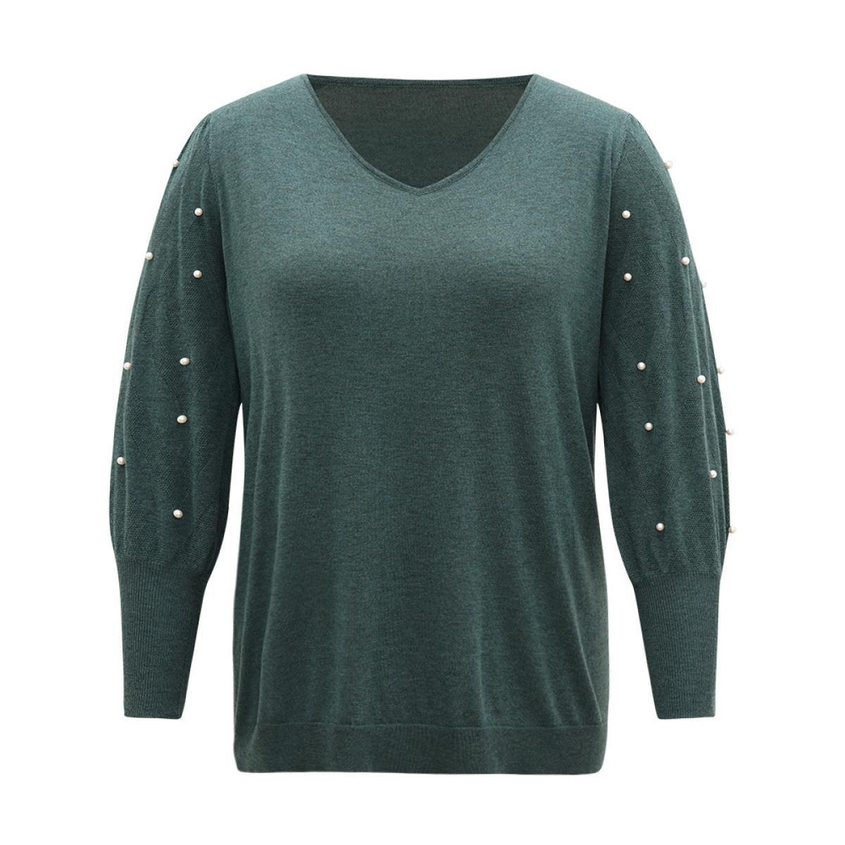 Plus Size Supersoft Essentials Solid Pearl Beaded Elastic Cuffs Pullover DarkGreen Women Casual Long Sleeve V-neck Dailywear Pullovers BloomChic 22-24/3X Product Image