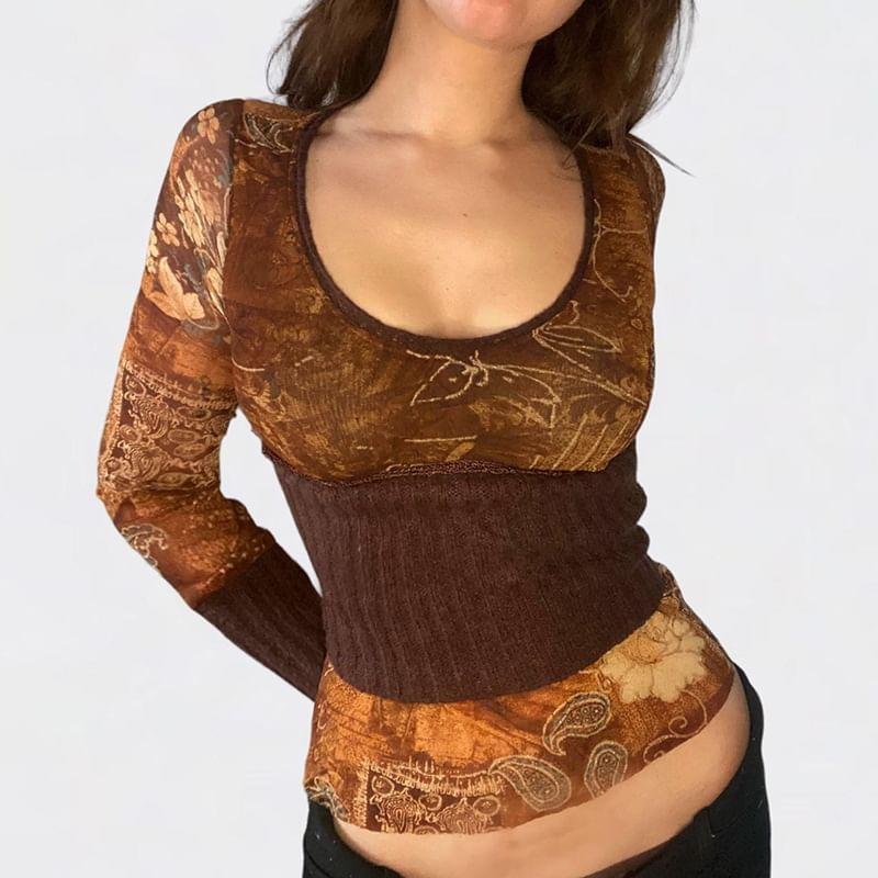 Long Sleeve Scoop Neck Paisley Mesh Panel Top Product Image