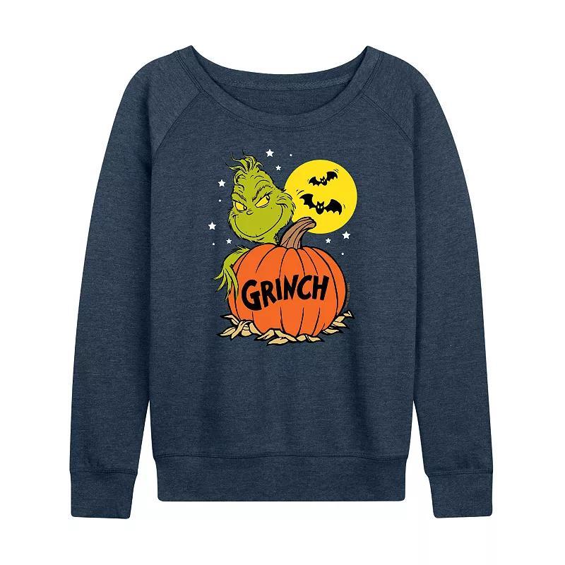 Womens Dr. Seuss Grinch Halloween Pumpkin French Terry Long Sleeve Tee Grey Indigo Product Image