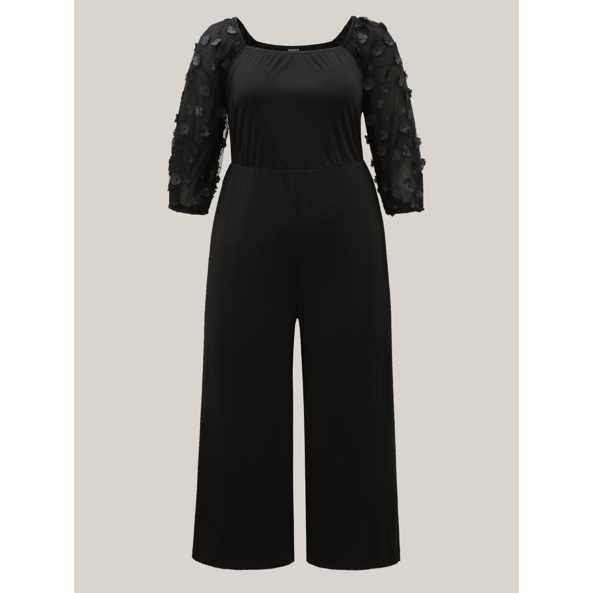 Plus Size Black Floral Mesh Sleeve Pockets Straight-Leg Jumpsuit Women Elegant Elbow-length sleeve Square Neck Everyday-Elegant Loose Jumpsuits BloomChic 28/5X Product Image