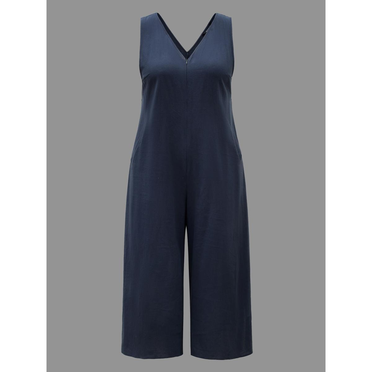 Plus Size Navy Cotton Solid V Neck Loose Jumpsuit Women Casual Sleeveless V-neck Everyday Loose Jumpsuits BloomChic 10/M Product Image