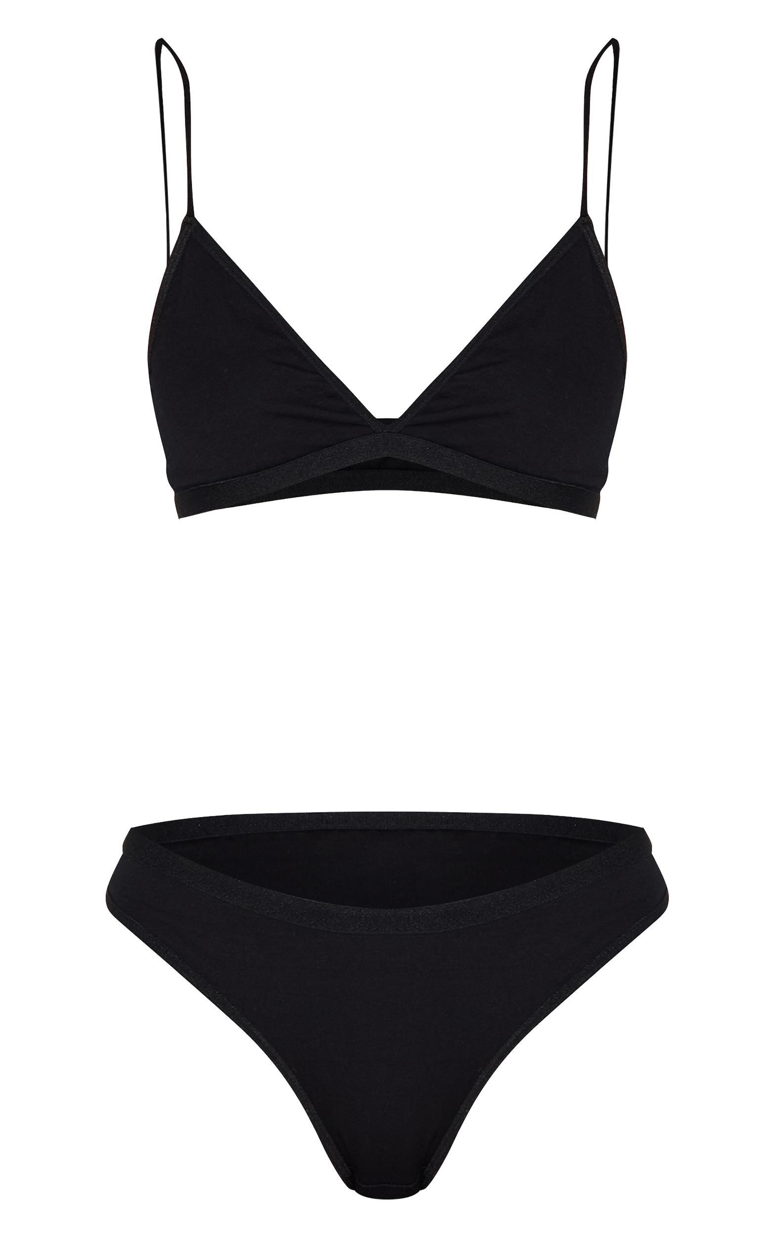 Black Jersey Triangle Bralette And Thong Lingerie Set Product Image