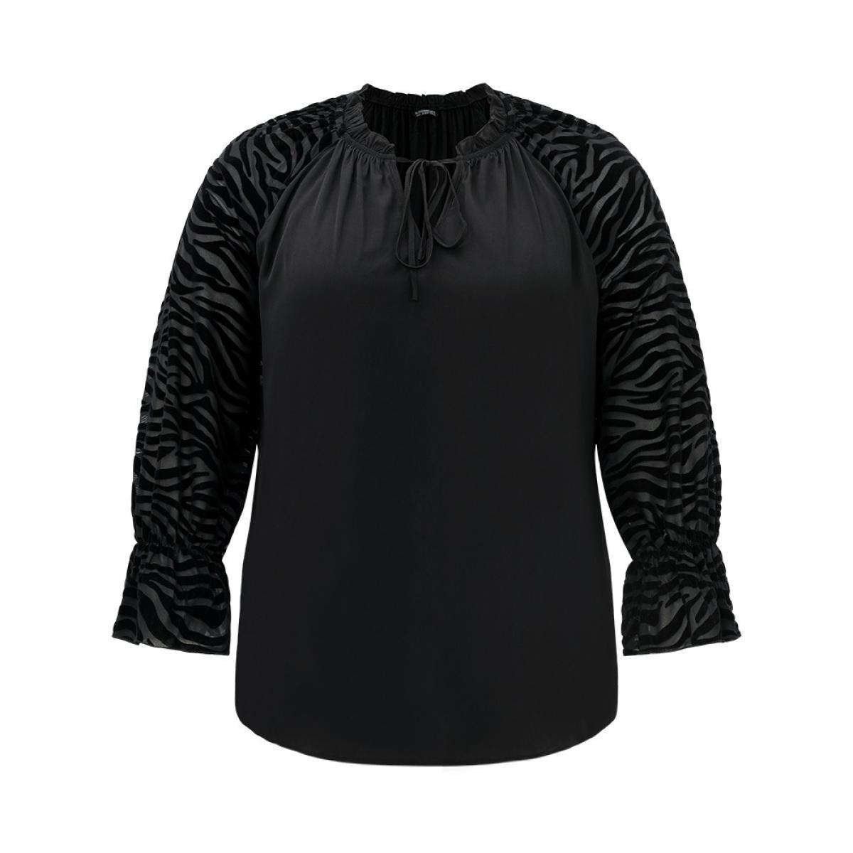 Plus Size Black Halloween Zebra Print Tie Neck Frill Trim Patchwork Blouse Women Elegant Long Sleeve Tie Neck Dailywear Blouses BloomChic 30/6X Product Image