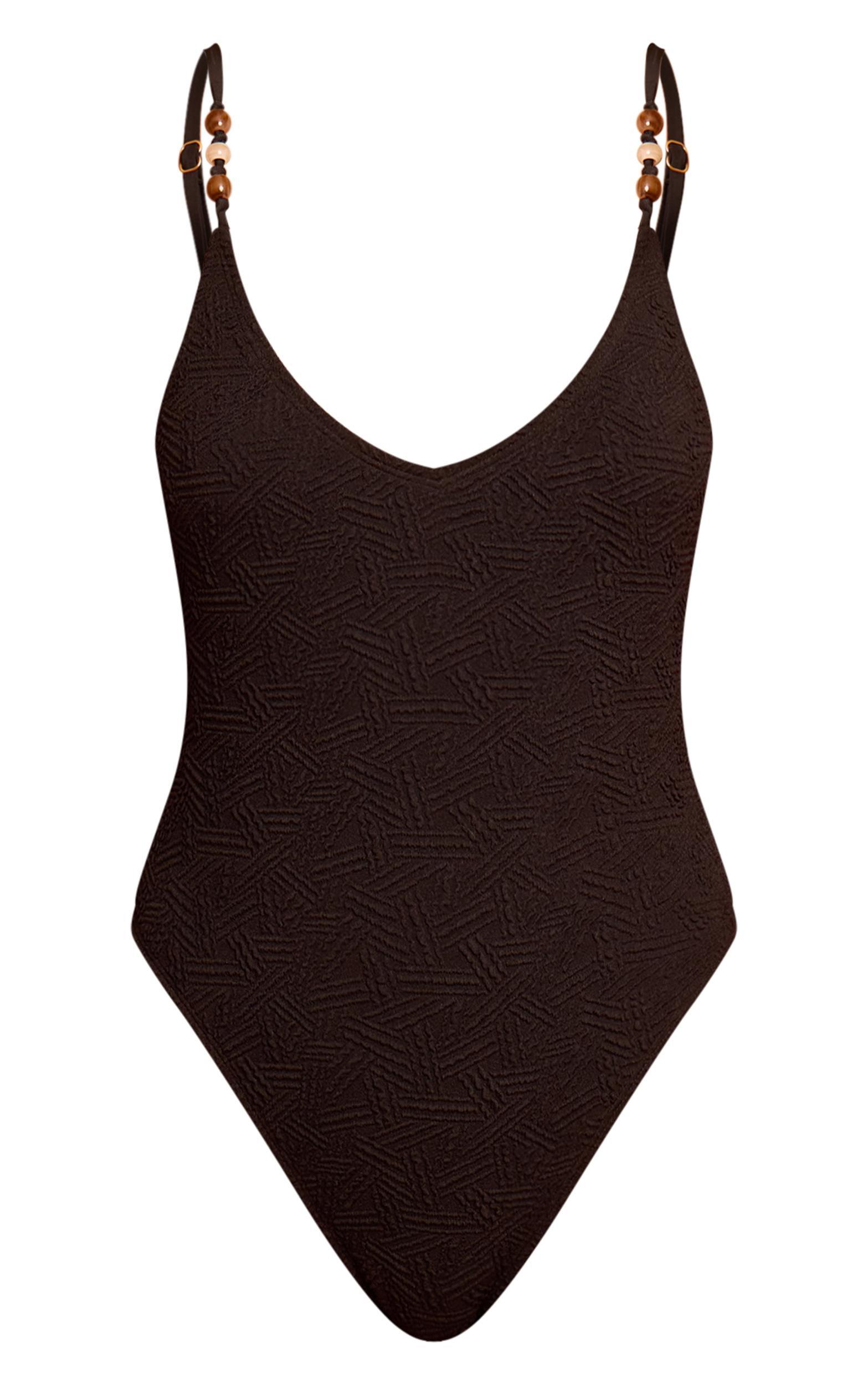 Black Textured Bead Trim Plunge Swimsuit Product Image