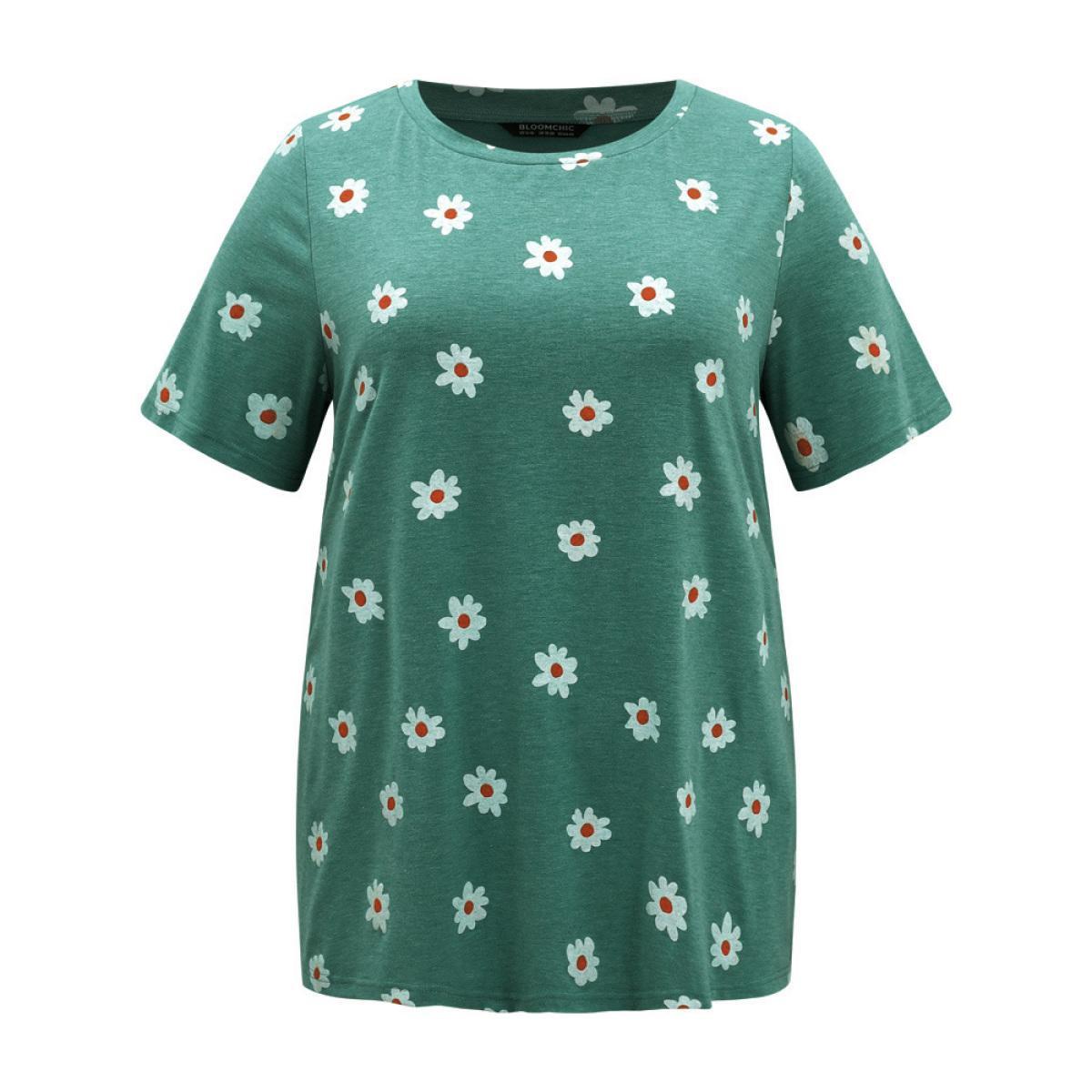 Plus Size Small Daisy Print Round Neck T-shirt Cyan Women Casual Printed Plants Round Neck Dailywear T-shirts BloomChic 14-16/1X Product Image
