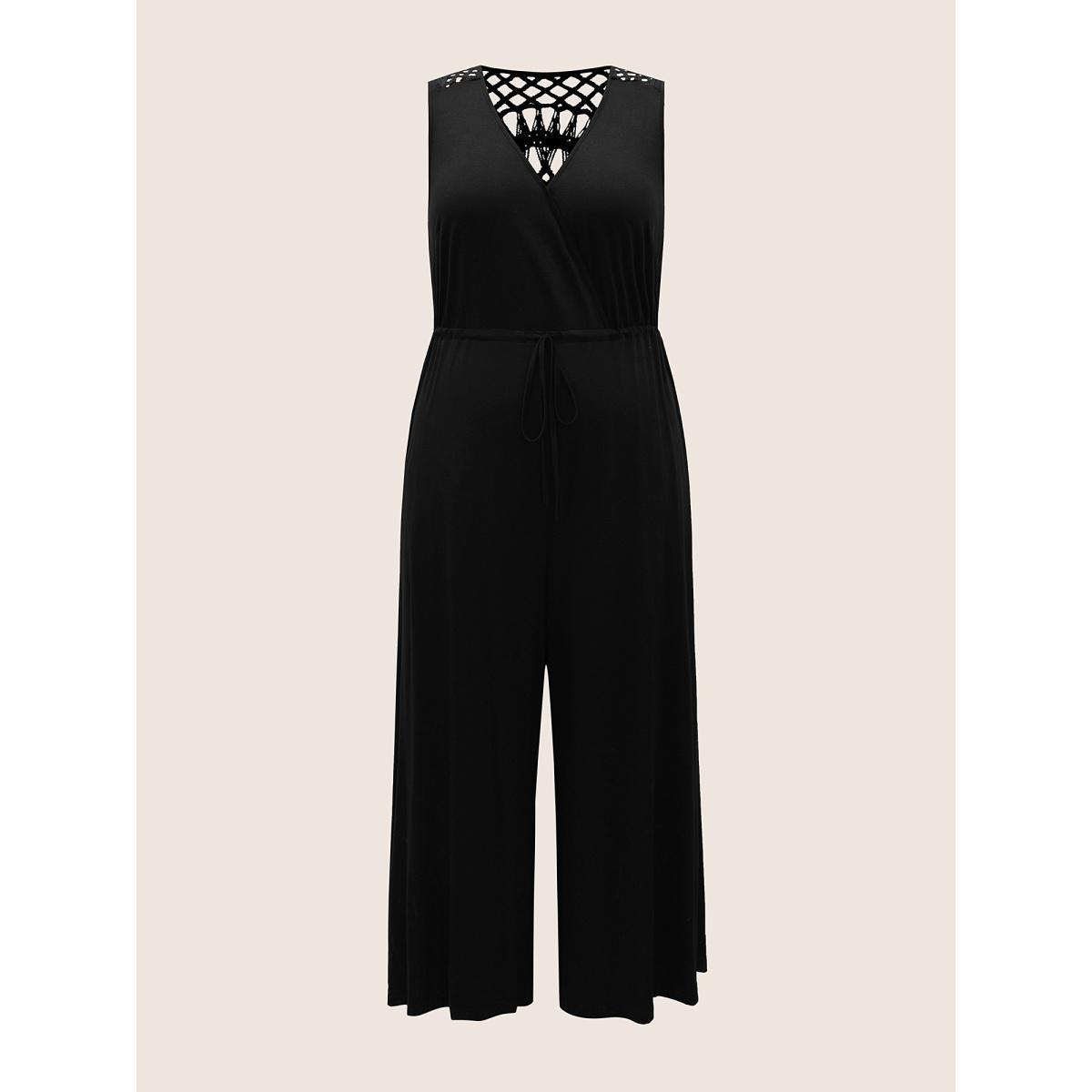 Plus Size Black V Neck Crocheted Cut Out Jumpsuit Women Resort Sleeveless V-neck Vacation Loose Jumpsuits BloomChic 28/5X Product Image
