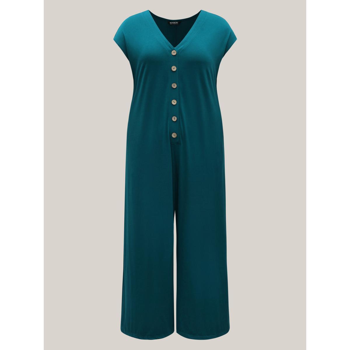 Plus Size Aegean Stretch Button Pockets Solid Jumpsuit Women Sleeveless V-neck Everyday-Casual Loose Jumpsuits BloomChic 18-20/2X Product Image